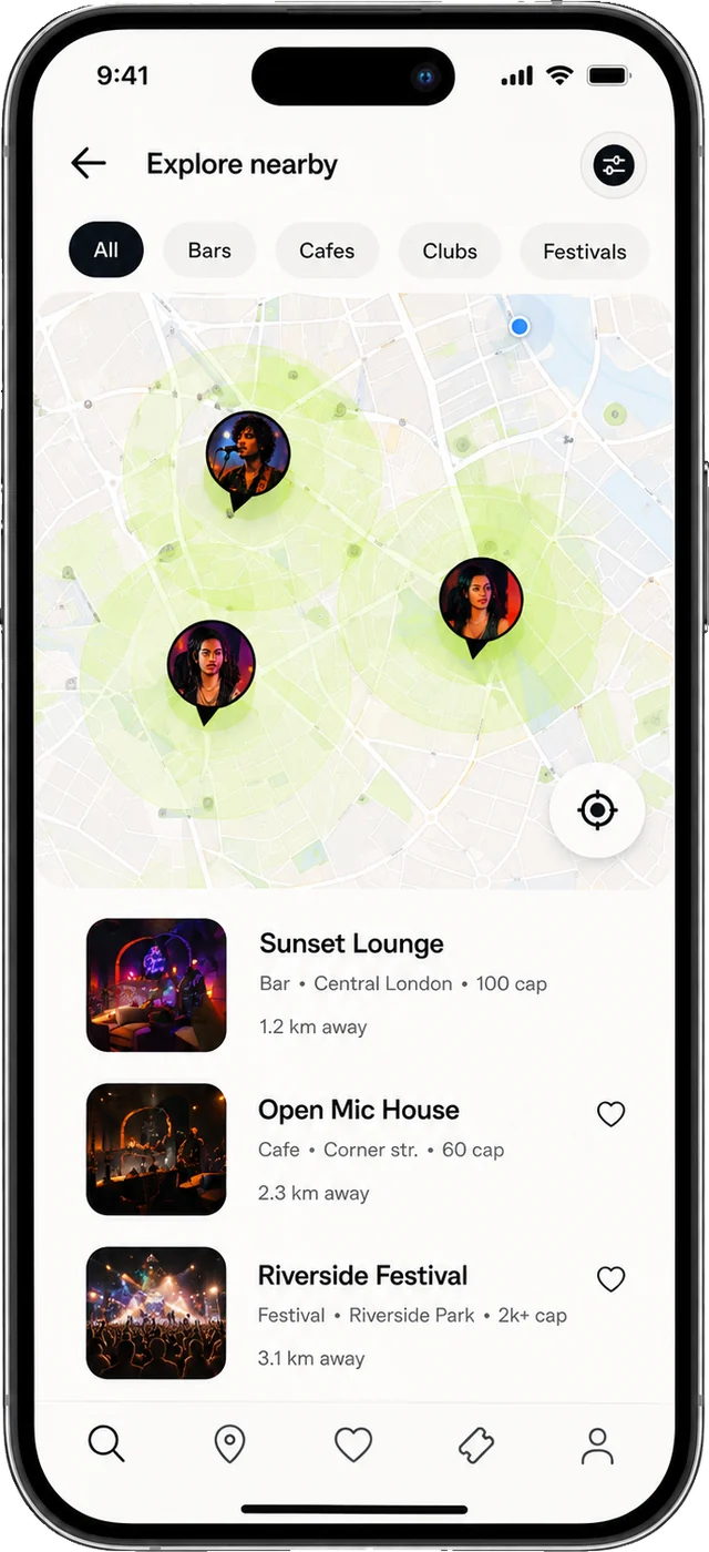 Explore nearby: a map of venues around you in the Tourdate app