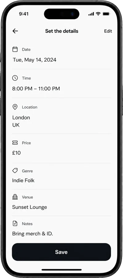Setting gig details: date, time, location and price